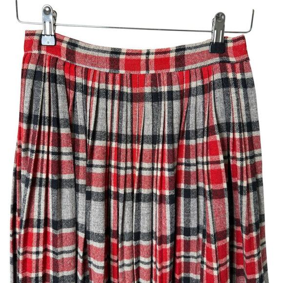 Vintage 70s Wool Pleated Skirt Red Gray Plaid Tartan‎ High Waist, Size Small - Picture 2 of 10